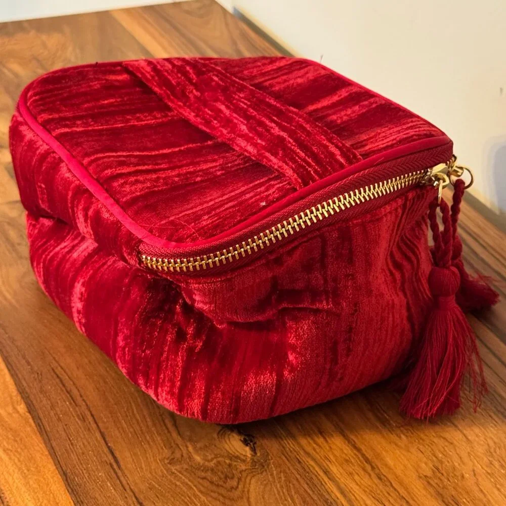 Sezane Lifestyle Crimson Velvet Vanity Case with Tassel and soft handle